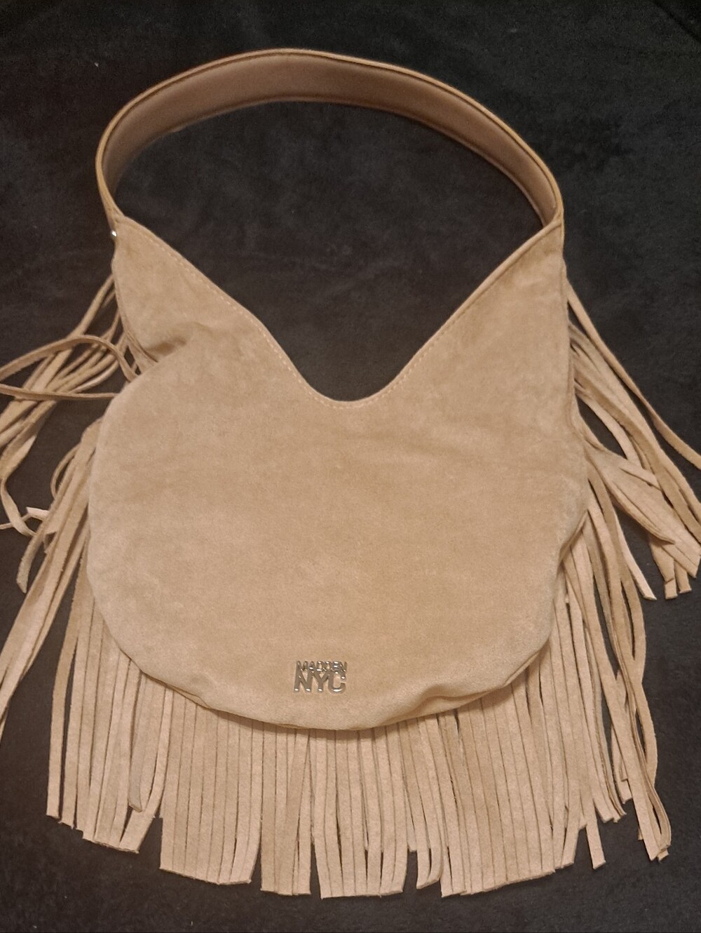 Madden NYC Beige Faux Suede Fringe Shoulder Bag